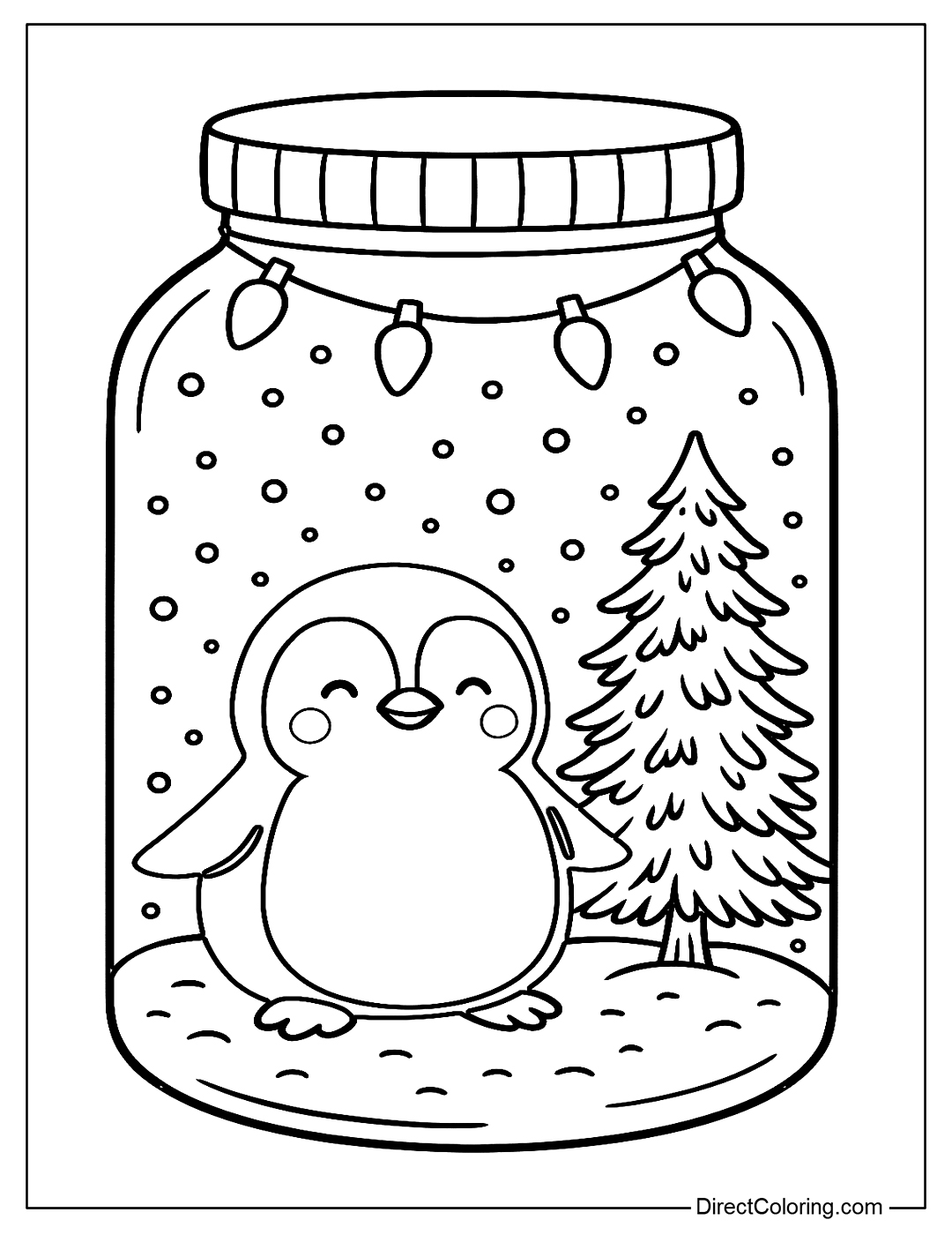 A penguin in a jar, with falling snow, a mini pine tree, and winter lights 